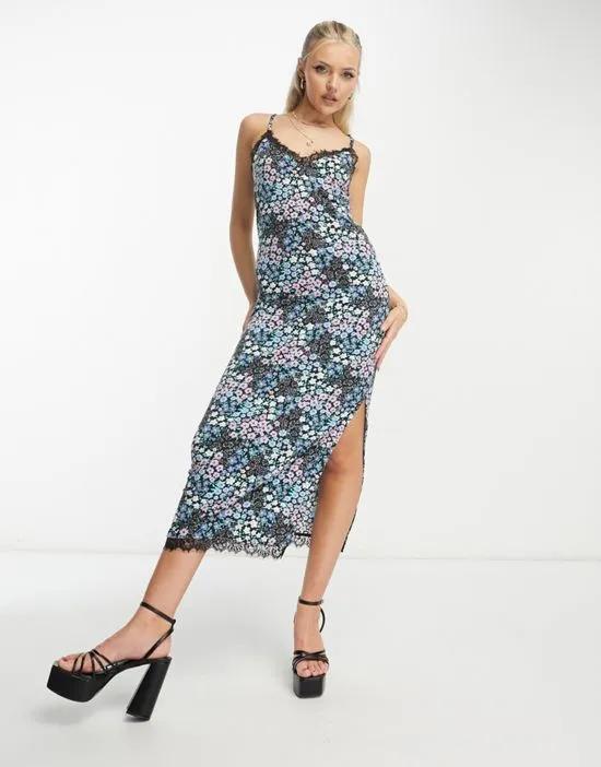exclusive lace trim midi dress with side split in blue ditsy floral