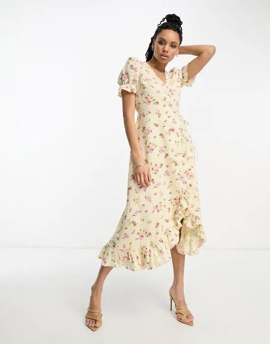 exclusive linen midi wrap dress in floral print