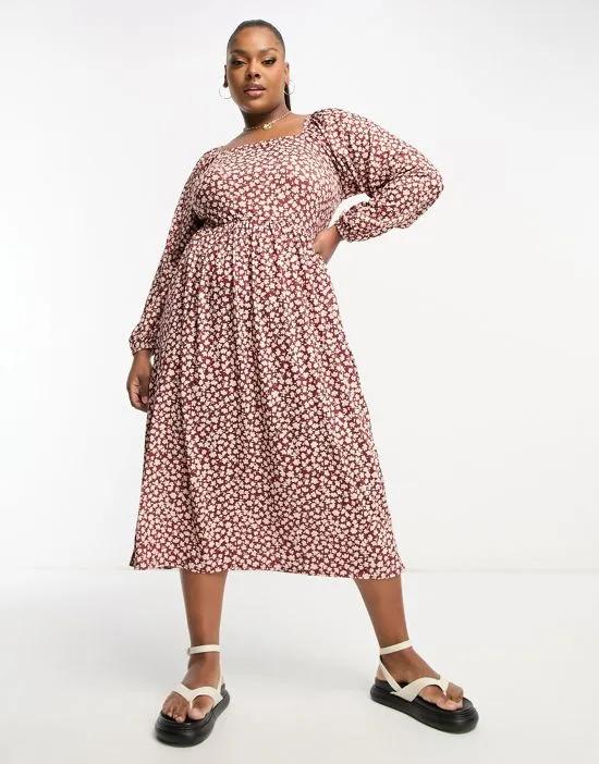 Exclusive long sleeve square neck balloon sleeve midi dress in red floral