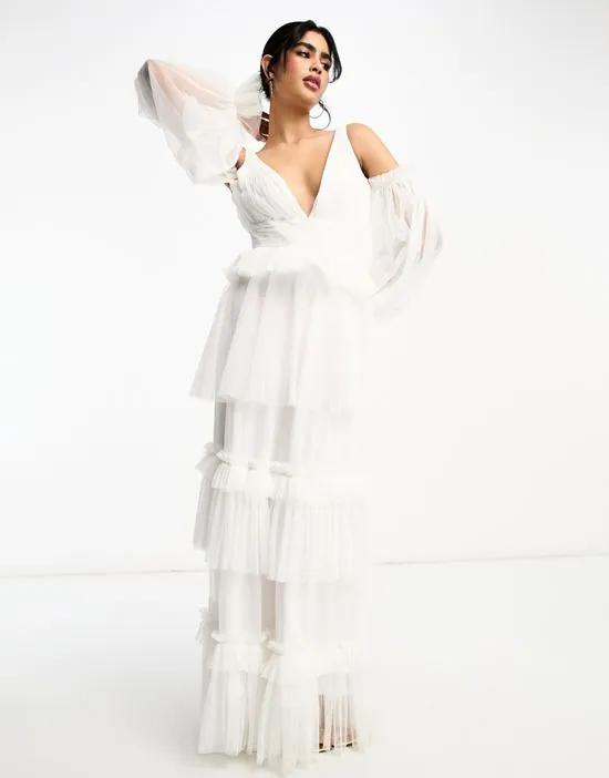 Exclusive long sleeve tiered maxi dress in ivory