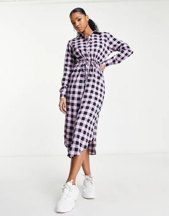 exclusive midi shirt dress in pink & black check