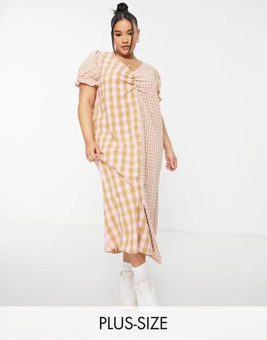 exclusive mixed check midi dress in pale pink