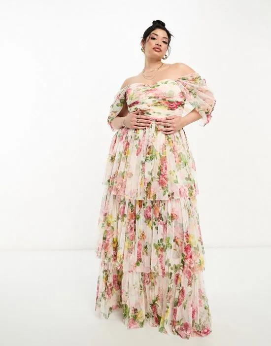 exclusive off shoulder high low maxi dress in bright floral