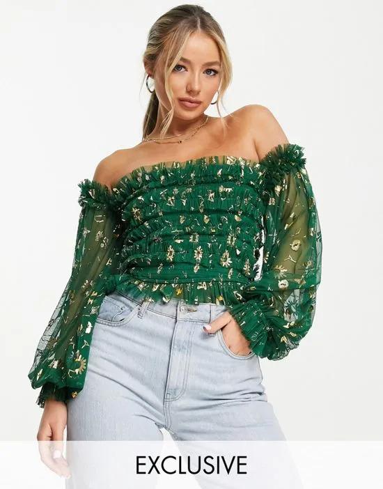 Exclusive off-shoulder tulle top in emerald green zodiac