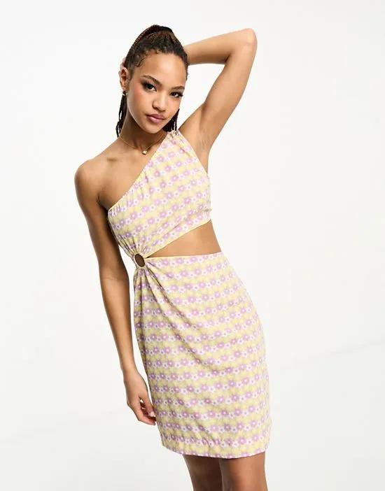 Exclusive one-shoulder cut-out mini dress in lilac & yellow retro floral