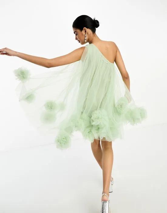 exclusive one shoulder ruffle hem tulle mini dress in sage