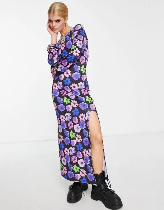Exclusive open back side slit maxi dress in purple floral