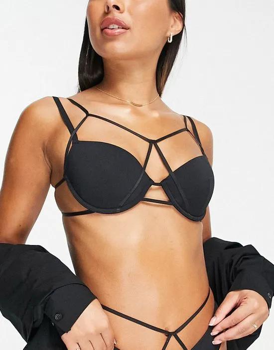 Exclusive padded plunge bra with strapping detail in black - BLACK
