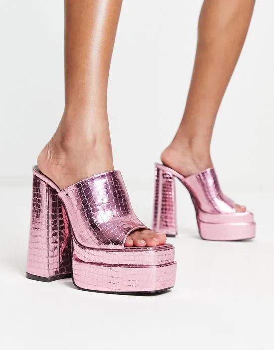 Exclusive platform mule sandals in pink croc metallic