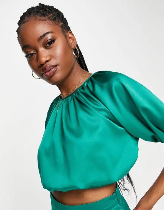 Exclusive puff sleeve crop top in emerald - part of a set