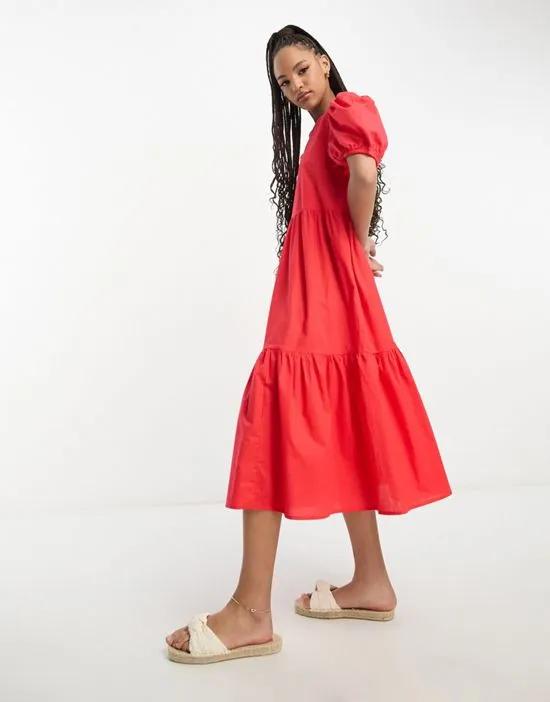 exclusive puff sleeve midi smock dress in bright red