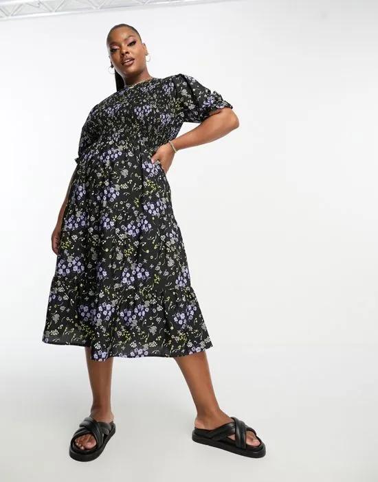 Exclusive puff sleeve smock midi dress in purple floral