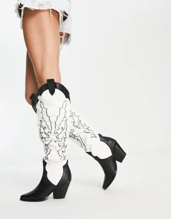 Exclusive Rodeo ruched over the knee cowboy boots in black and white