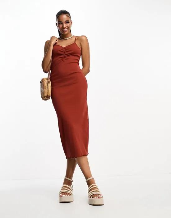 exclusive ruched front cami midi dress in rust