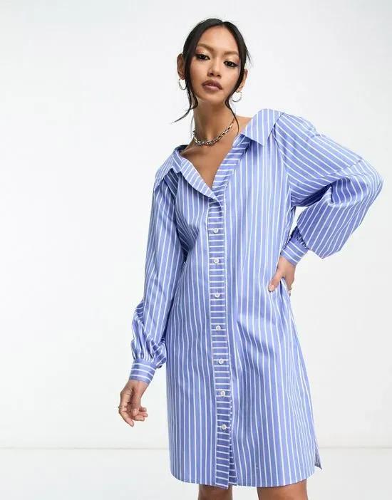 Exclusive ruched shirt mini dress in blue stripe