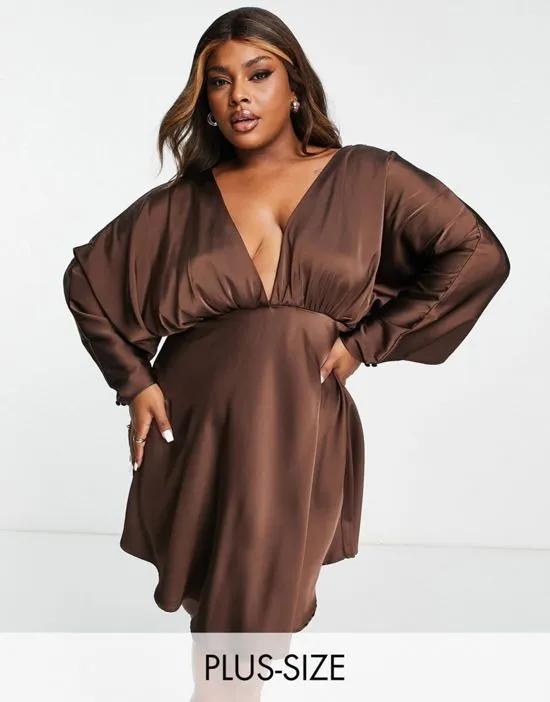 Exclusive satin batwing sleeve skater dress in chocolate
