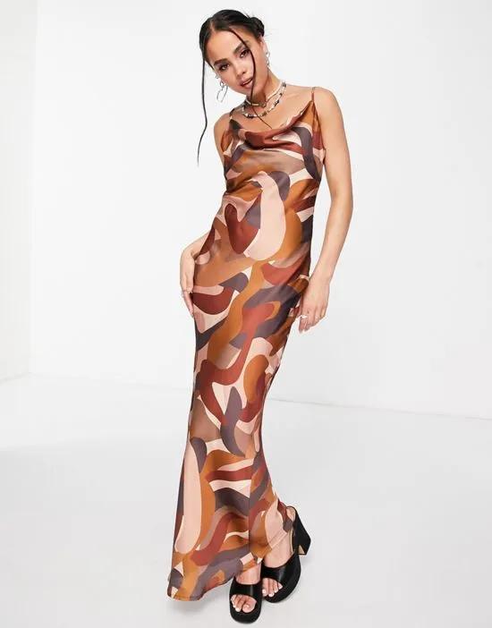 exclusive satin cowl front maxi dress in brown swirl print