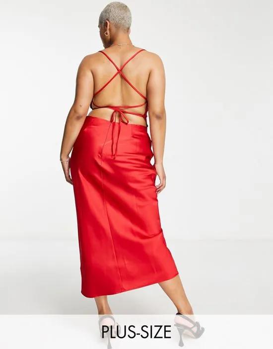 exclusive satin cowl front midi dress in red
