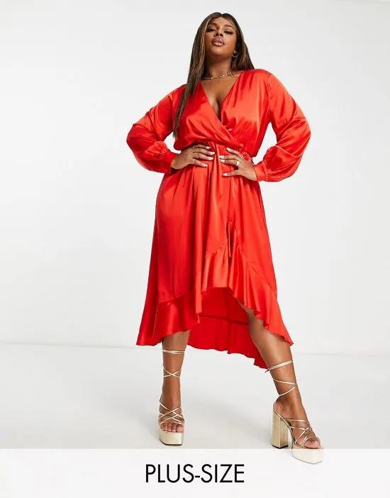 Exclusive satin wrap detail volume sleeve midi dress with ruffle hem detail in red