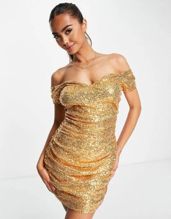 Exclusive sequin off-shoulder mini dress in gold