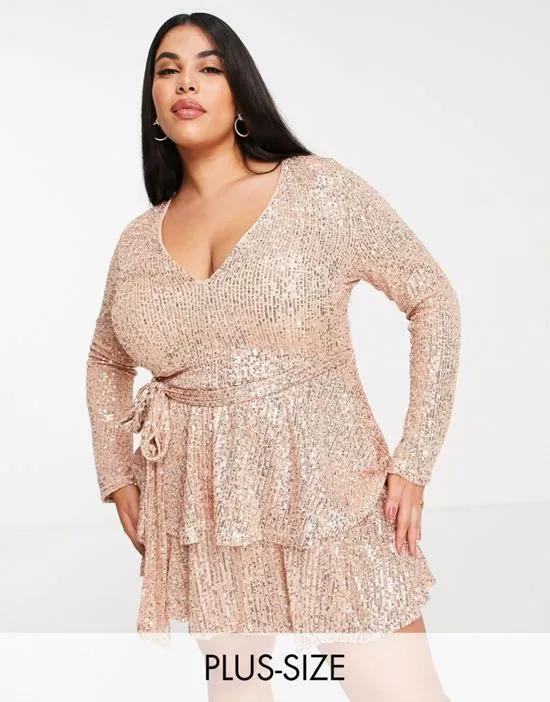 exclusive sequin plunge front tiered detail mini dress in rose gold