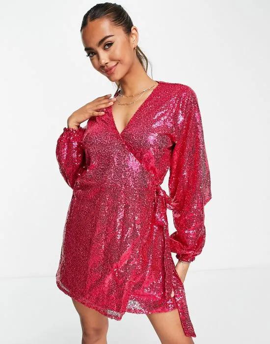 Exclusive sequin wrap detail mini dress in cerise pink