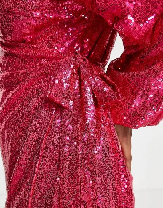 exclusive sequin wrap detail mini dress in cerise pink
