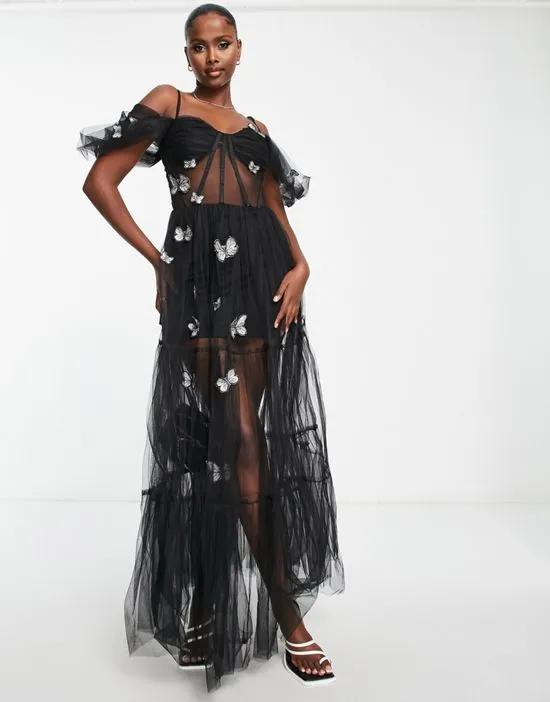 exclusive sheer corset 3D print embroidered dress in black