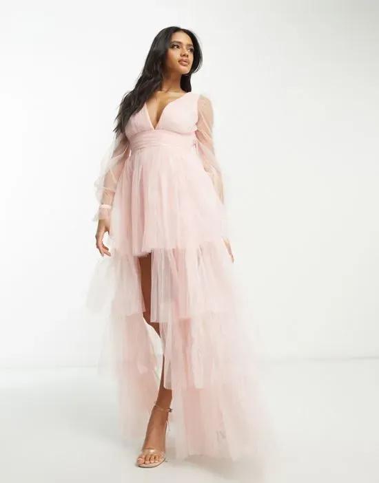 exclusive sheer sleeve tiered high low maxi dress in blush