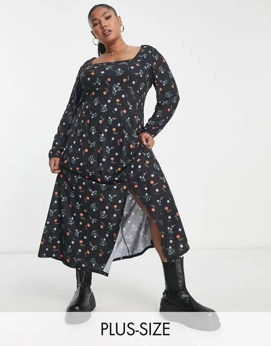 Exclusive square neck long sleeve midi dress with side split in black ditsy floral