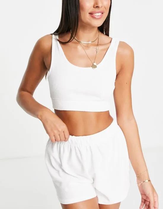 exclusive towelling beach crop top in white - part of a set
