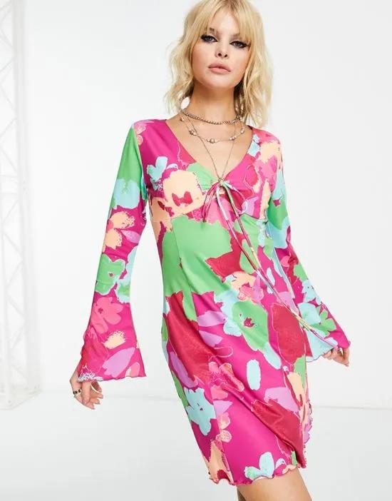 Exclusive V-neck mini dress with split sleeve detail in bright floral