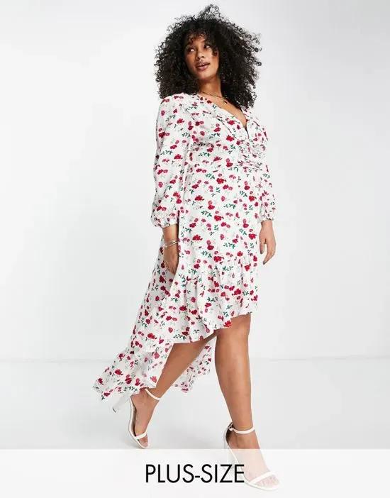 exclusive volume sleeve high low midaxi dress in white rose floral