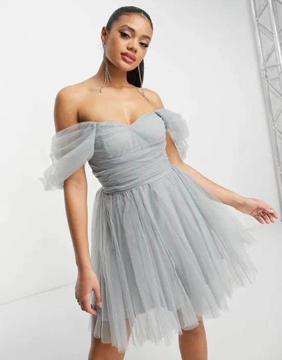 exclusive wrapped tulle mini dress in light gray