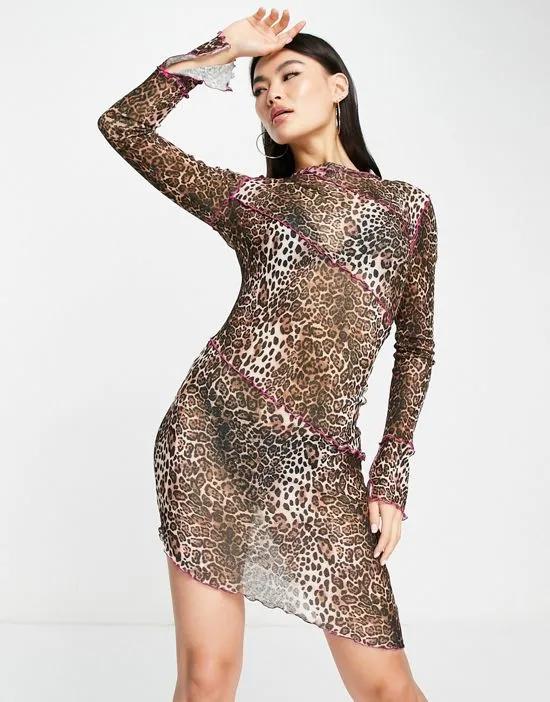 exposed seam asymmetric mesh mini dress in leopard print
