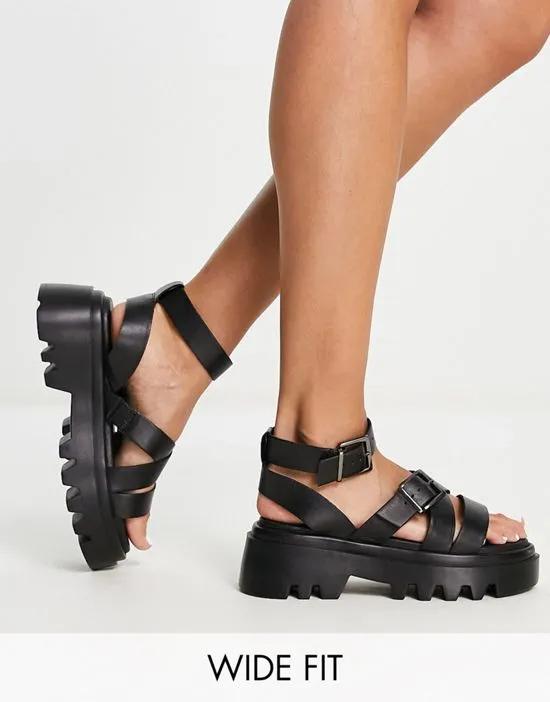 Extra Wide Fit Chunky Cleated Sole Sandals In Black