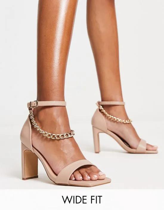 Extra Wide Fit square toe heeled sandals with chain strap detail in stone