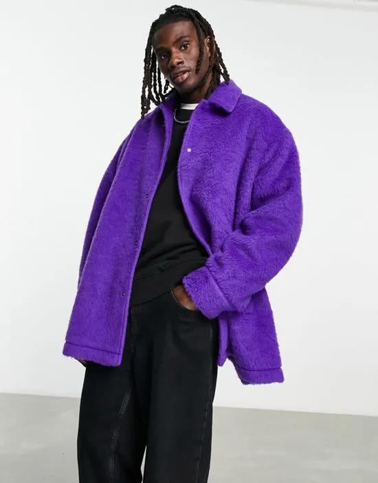 extreme oversized brushed wool look coach jacket in purple