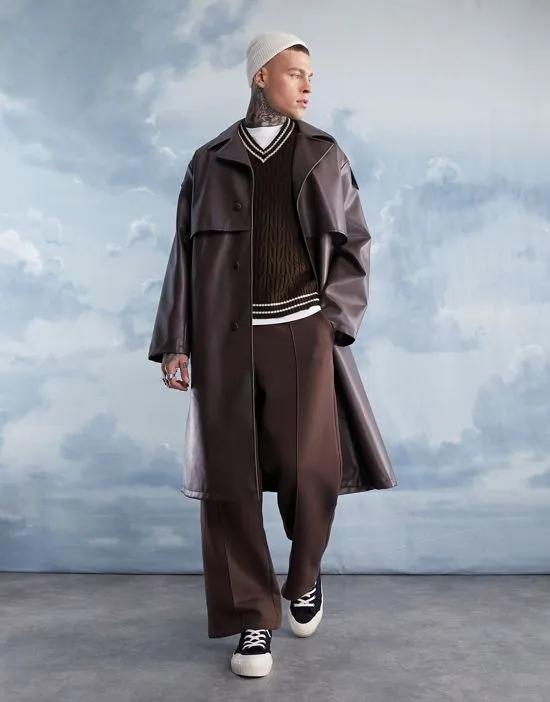 extreme oversized faux leather trench coat in brown
