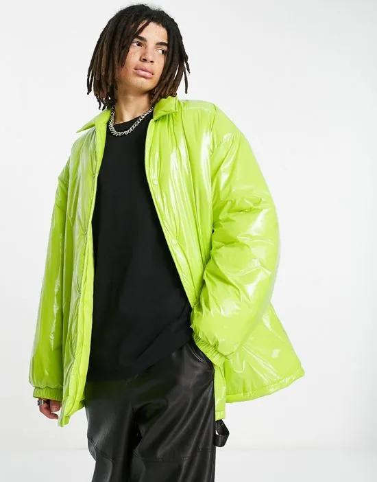 extreme oversized vinyl puffer coach jacket in green