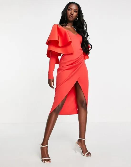 extreme ruffle shoulder midi dress in hot red