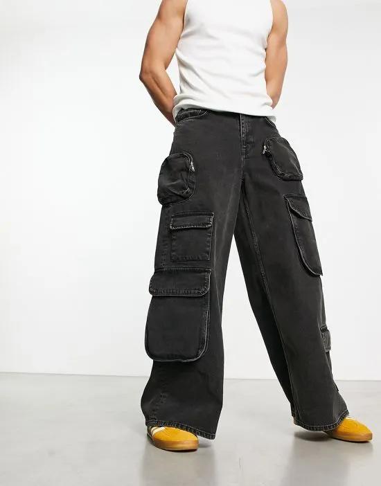extreme wide leg cargo jeans with pockets in washed black