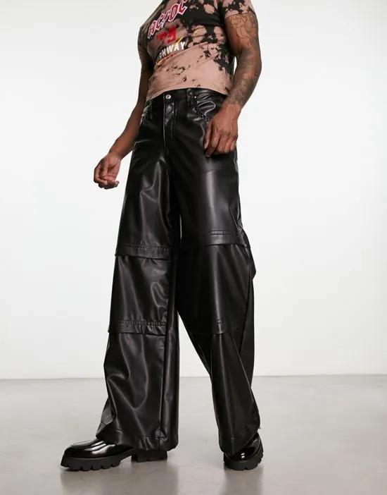 extreme wide leg leather look jeans in black