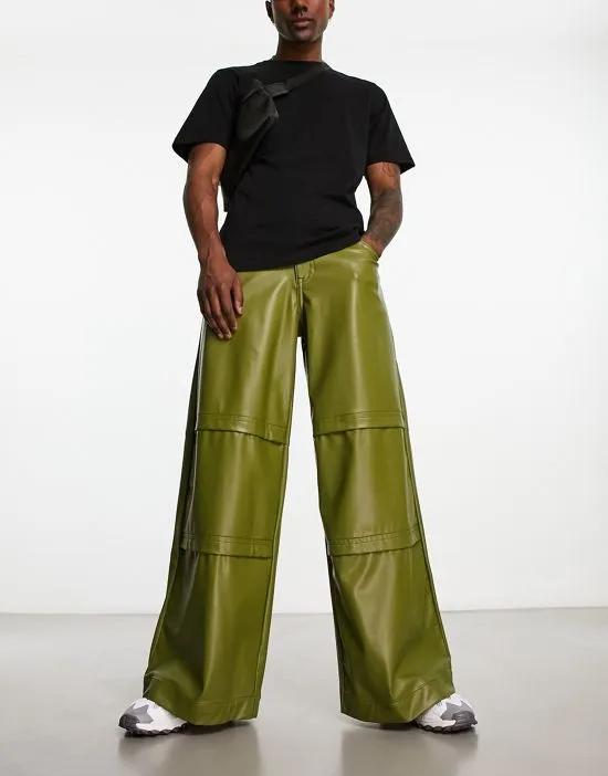 extreme wide leg leather look jeans in khaki green