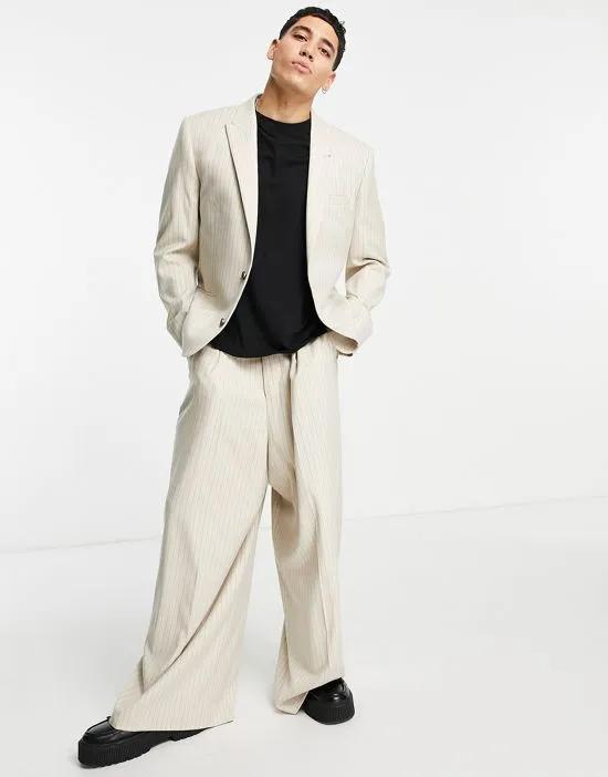 extreme wide suit pants in beige pinstripe