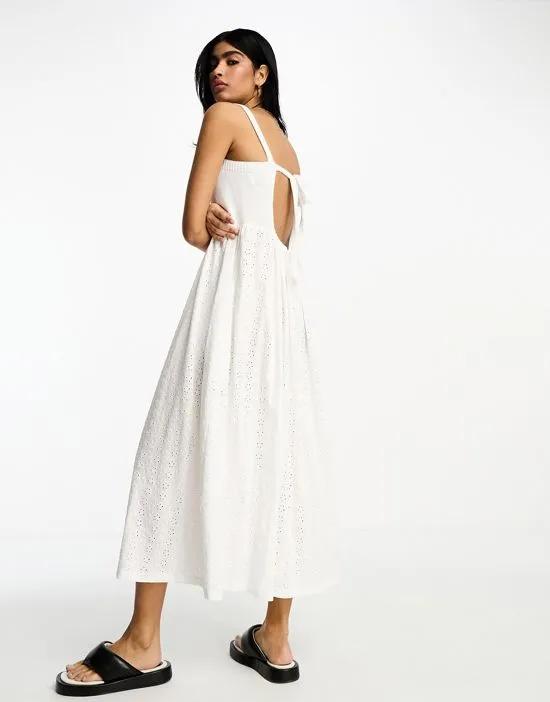 eyelet and knit mix strappy midi dress in white