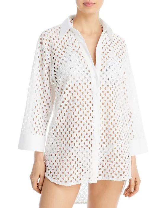 Eyelet Cutout Button Front Cover Up Shirt - 100% Exclusive