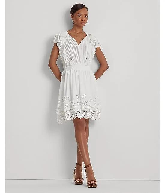 Eyelet-Embroidered Jersey Tie Neck Dress
