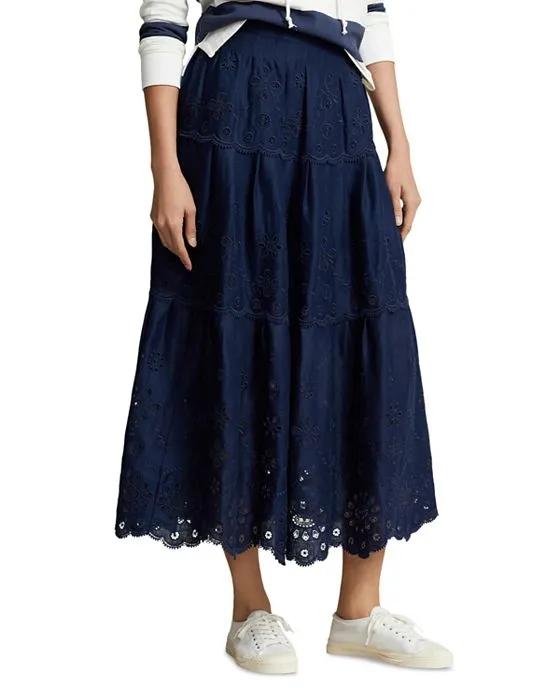 Eyelet Embroidered Tiered Linen Skirt