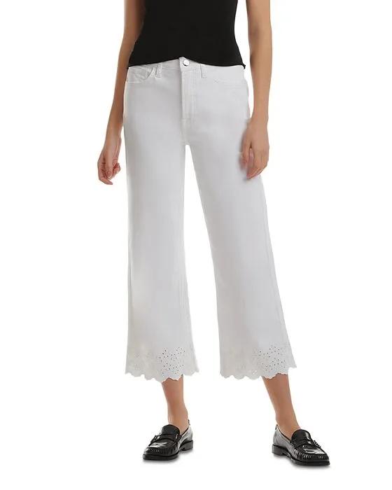 Eyelet Hem High Rise Cropped Wide Leg Jeans in White